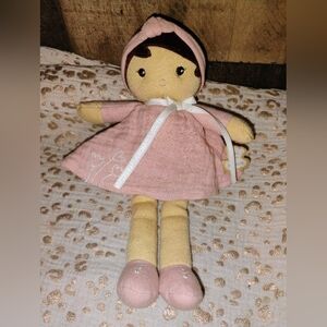 Kaloo Tendresse Fabric Doll Amadine 10” Tall - Brown Hair and Pink Linen Dress